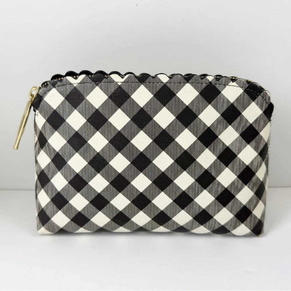 Talbots Cosmetic Makeup Bag Womens Black Cream Gingham Scallop Zipper Travel